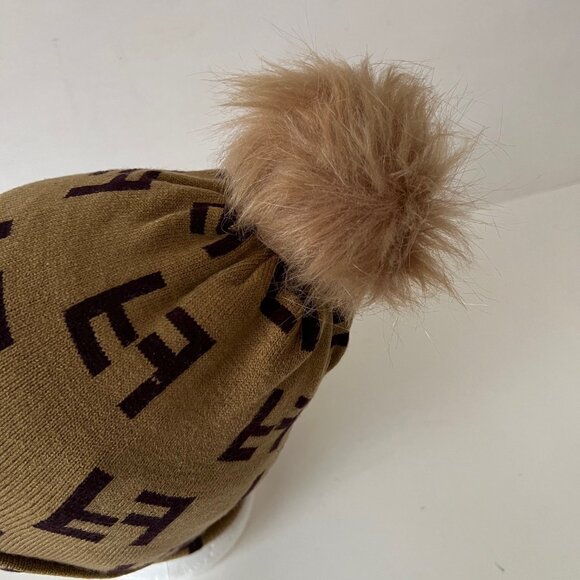Knit Beanie Tuque with Faux Fur Pom – Brown & Tan Double F Pattern Hat - Picture 14 of 16